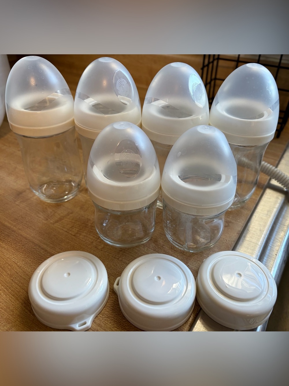 Clear Glass Baby Bottles with White Caps - Set of 6